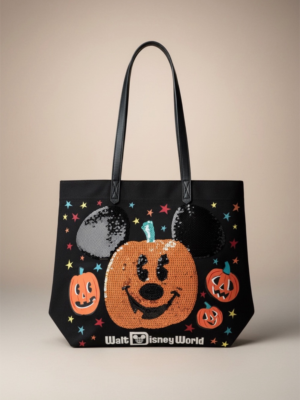 Disney World Halloween Pumpkin Mickey Sequin Black Tote